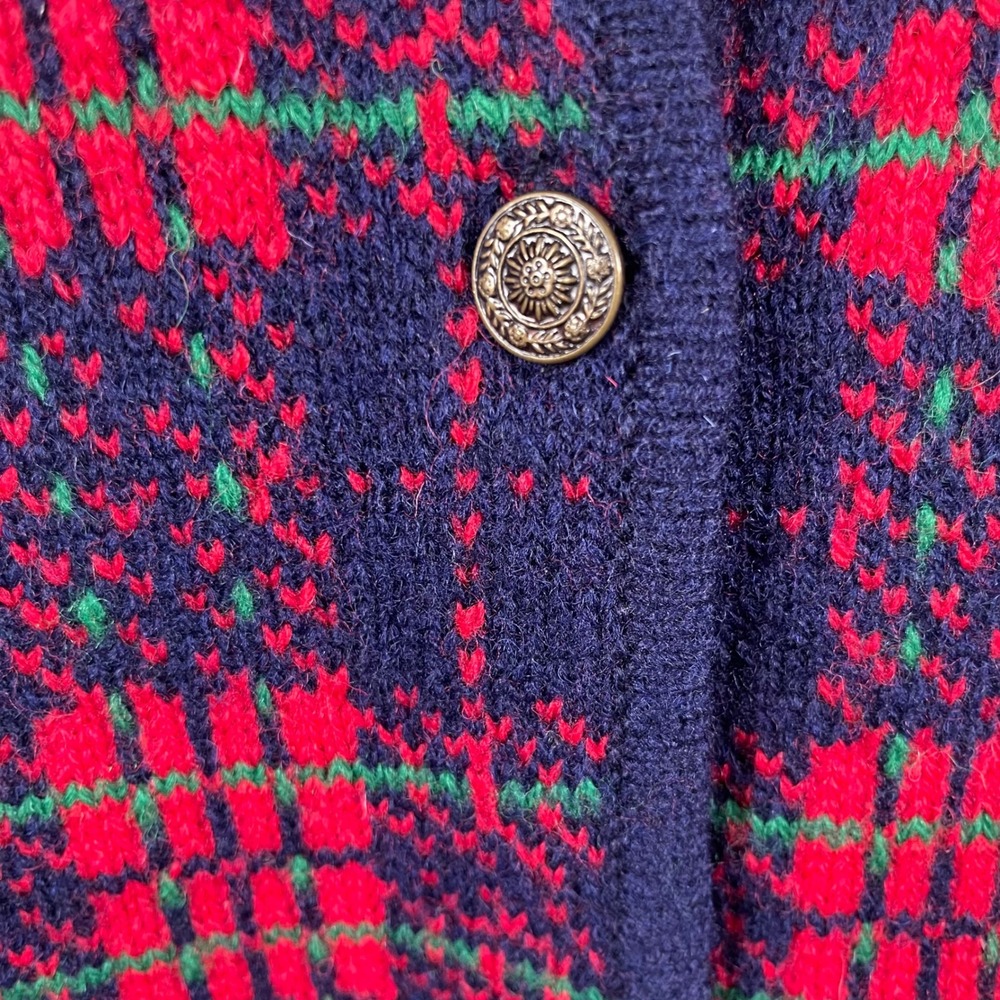 Vintage 90's Susan Bristol Wool Cardigan Sweater Plaid Knit Navy Red Green- L - Picture 4 of 16